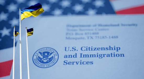 Ukraine flag with USCIS envelope