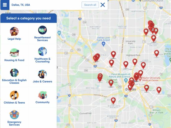 интерфейс приложения FindHello, показывающий ресурсы для помощи беженцам и иммигрантам